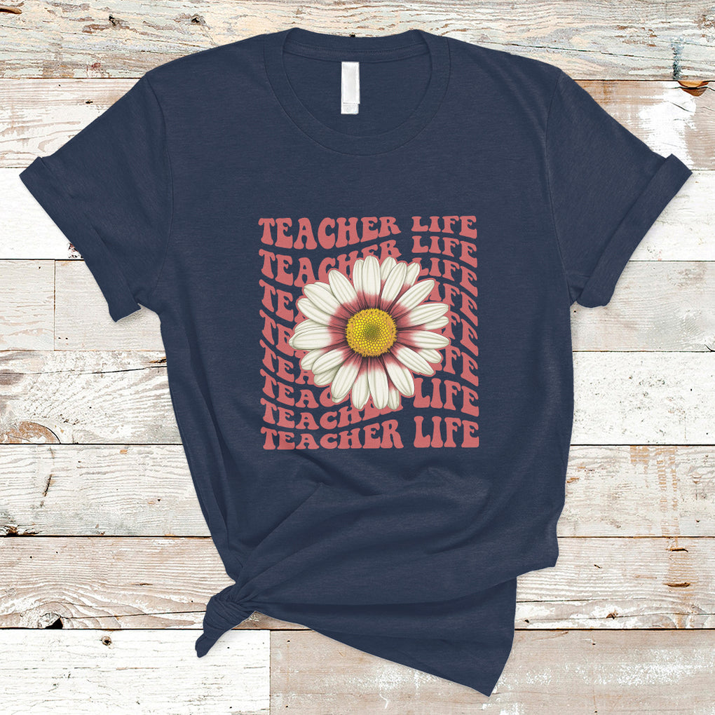 Teacher Life T Shirt Back To School Inspiration Groovy Daisy TS02 Navy Printyourwear