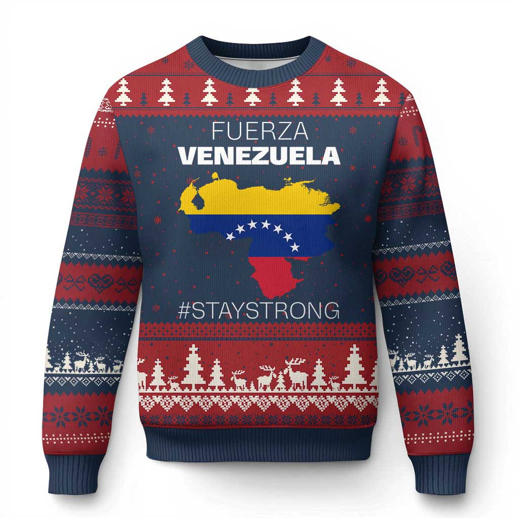 Fuerza Venezuela Strong Solidarity Ugly Christmas Sweater Hope Support Venezuelan Patriotic Flag Map TS02 Navy Red Print Your Wear