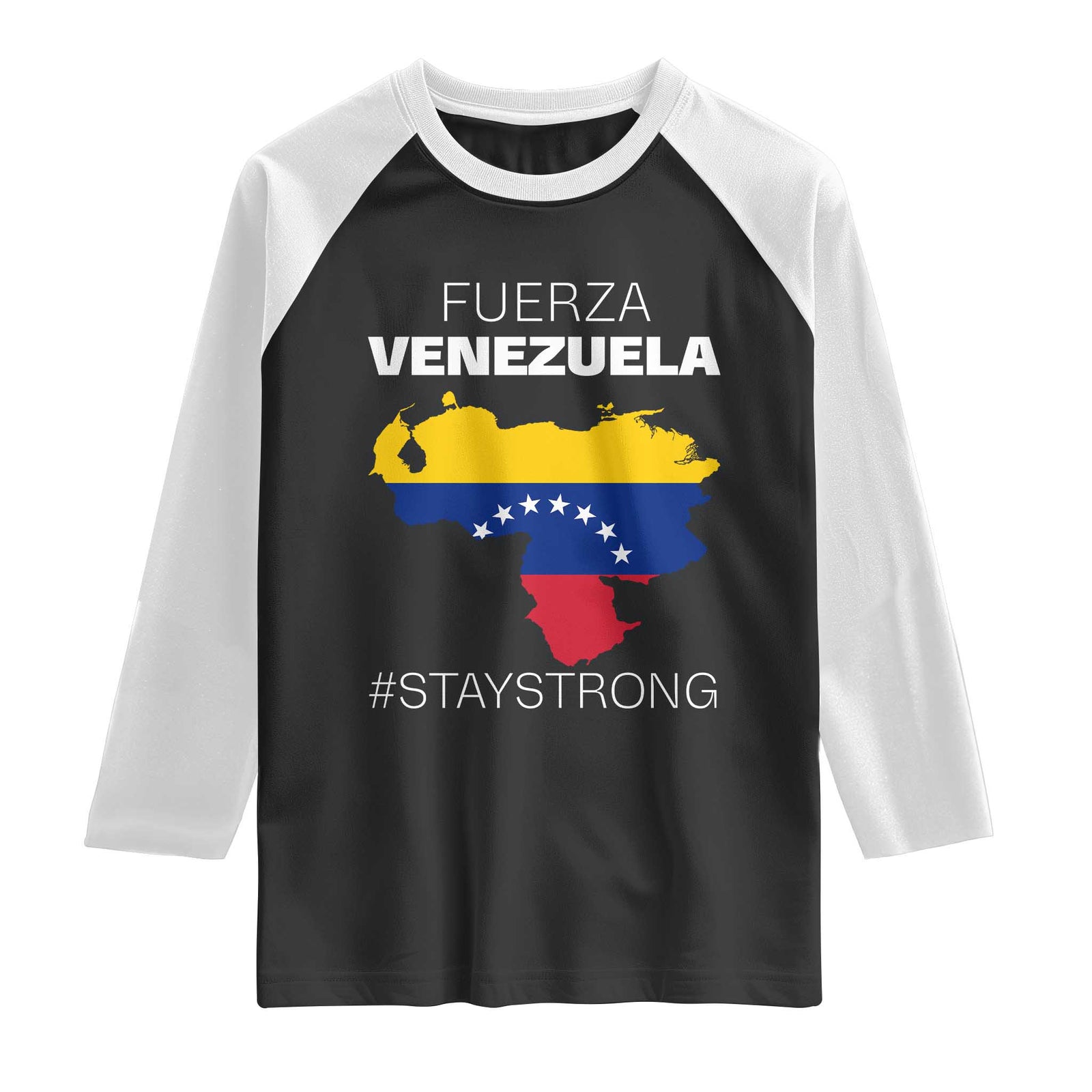 Fuerza Venezuela Strong Solidarity Raglan Shirt Hope Support Venezuelan Patriotic Flag Map TS02 Black White Print Your Wear