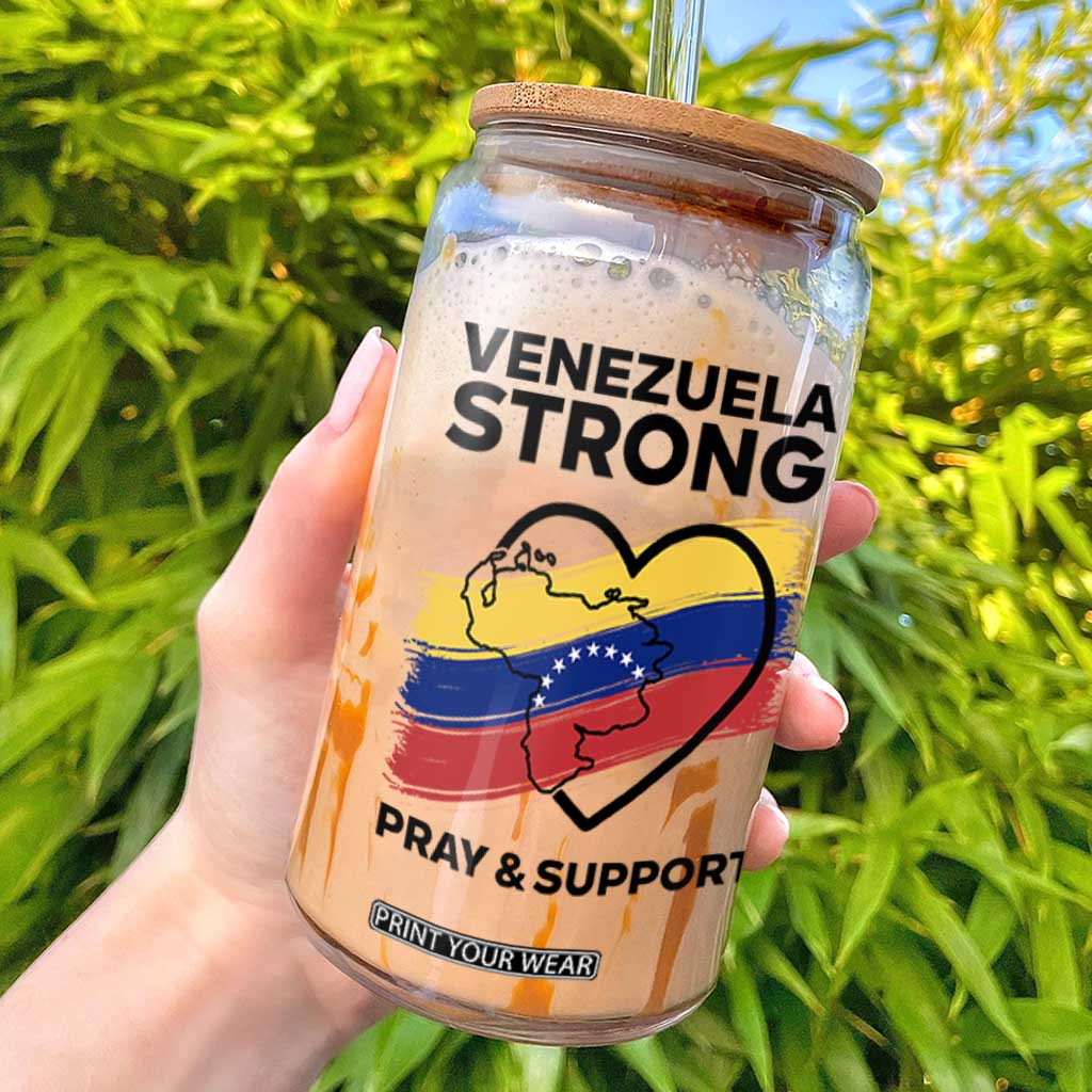 Venezuela Strong Pray and Support Glass Can Solidarity Patriotic Venezuelan Flag Map Heart TS02 White Print Your Wear