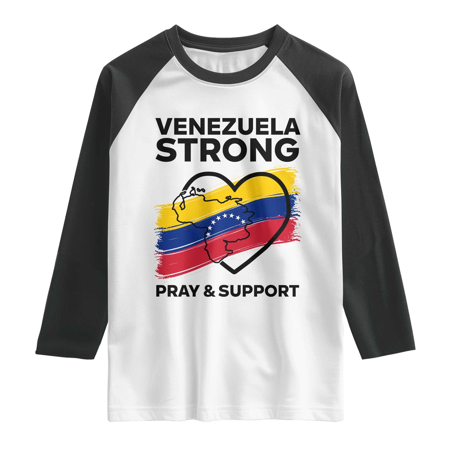 Venezuela Strong Pray and Support Raglan Shirt Solidarity Patriotic Venezuelan Flag Map Heart TS02 White Black Print Your Wear