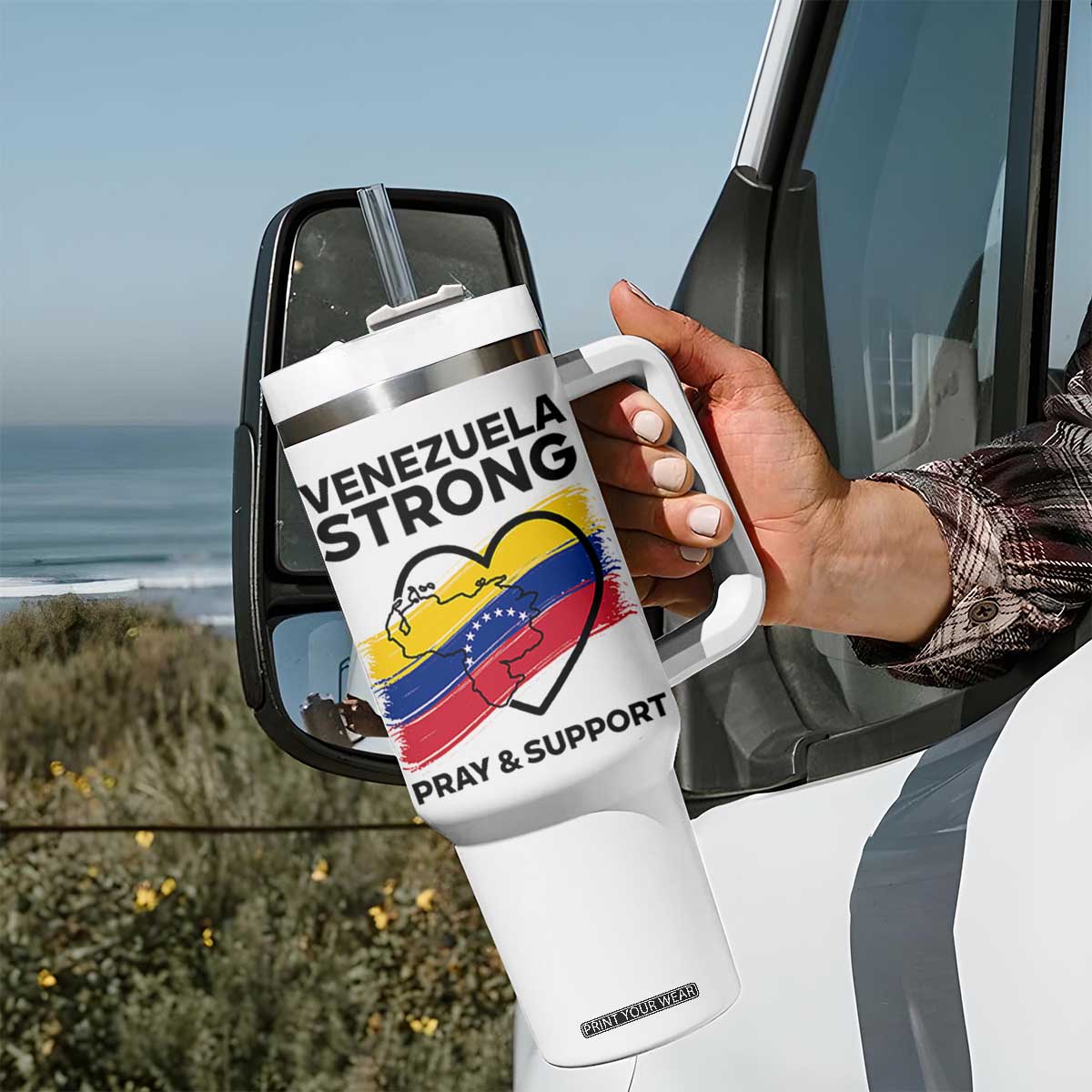 Venezuela Strong Pray and Support Tumbler With Handle Solidarity Patriotic Venezuelan Flag Map Heart TS02 Print Your Wear