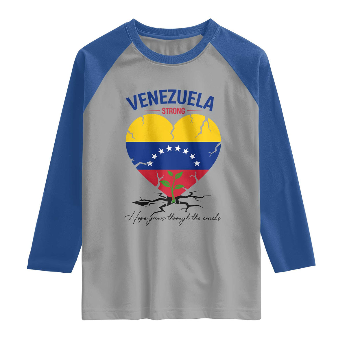 Venezuela Strong Healing Support Raglan Shirt Hope Grows Through Cracks Venezuelan Flag Heart