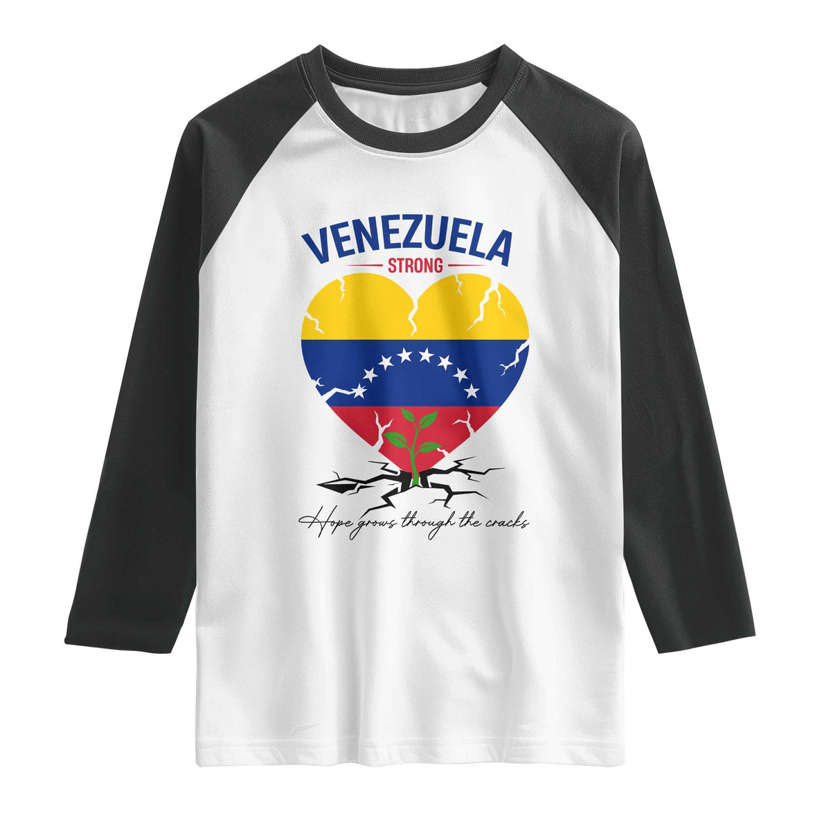Venezuela Strong Healing Support Raglan Shirt Hope Grows Through Cracks Venezuelan Flag Heart