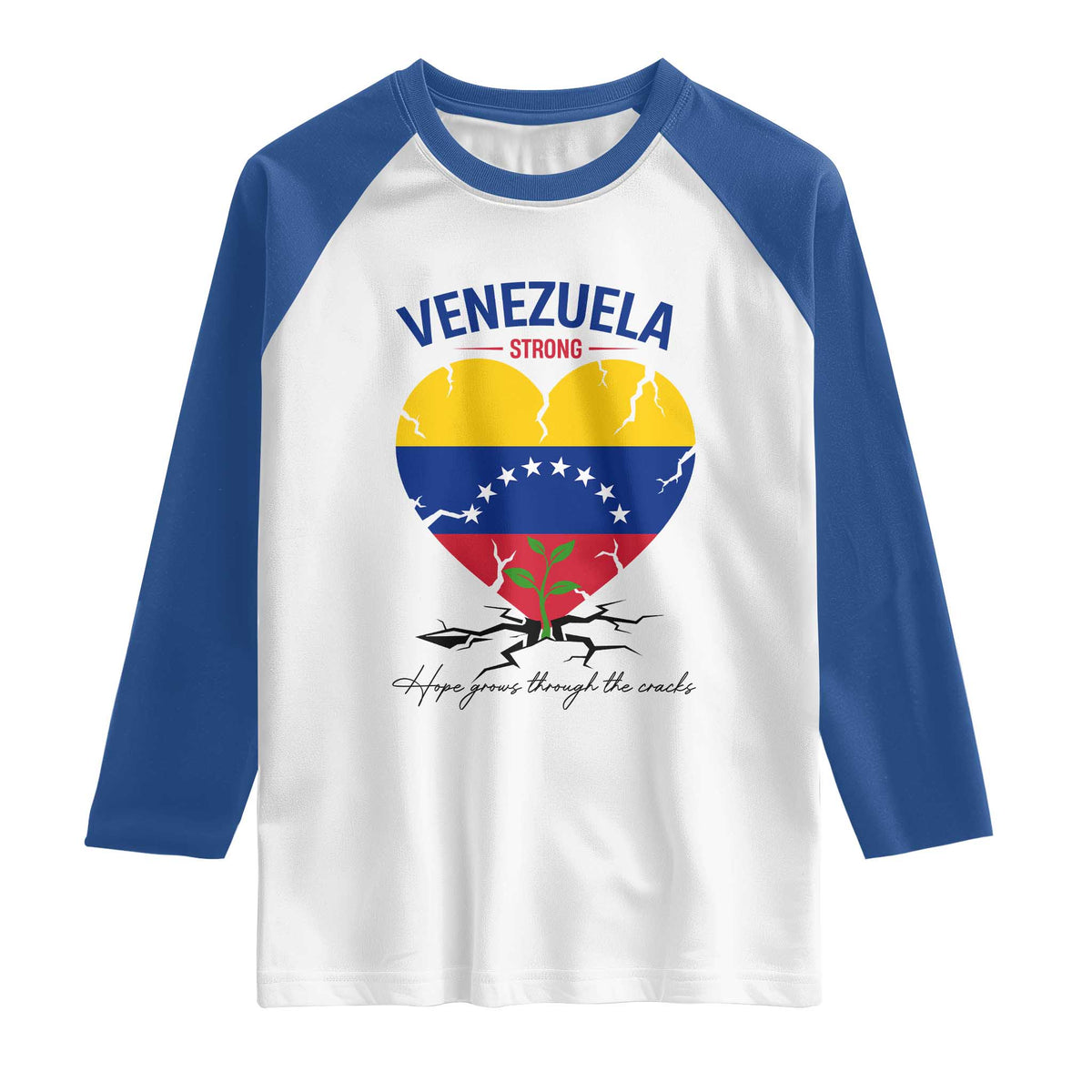Venezuela Strong Healing Support Raglan Shirt Hope Grows Through Cracks Venezuelan Flag Heart