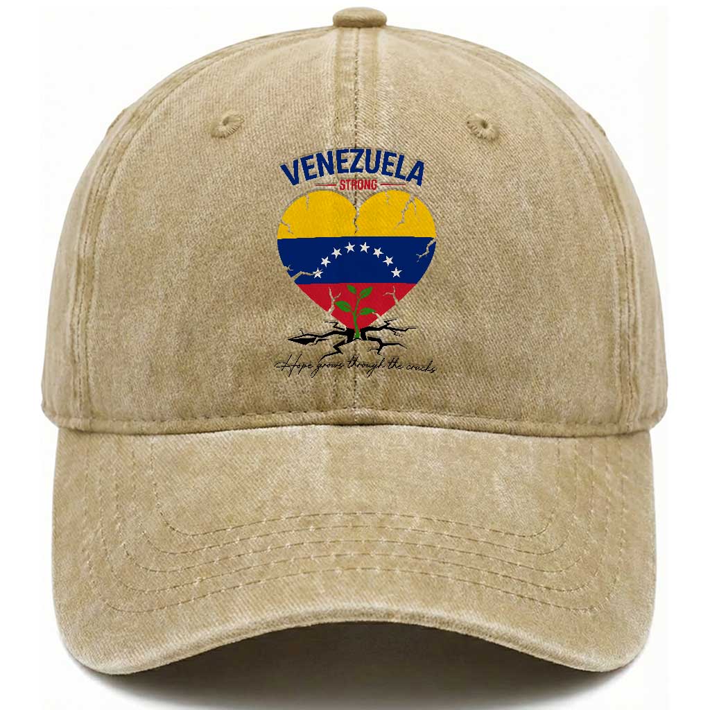 Venezuela Strong Healing Support Washed Cotton Baseball Cap Hope Grows Through Cracks Venezuelan Flag Heart