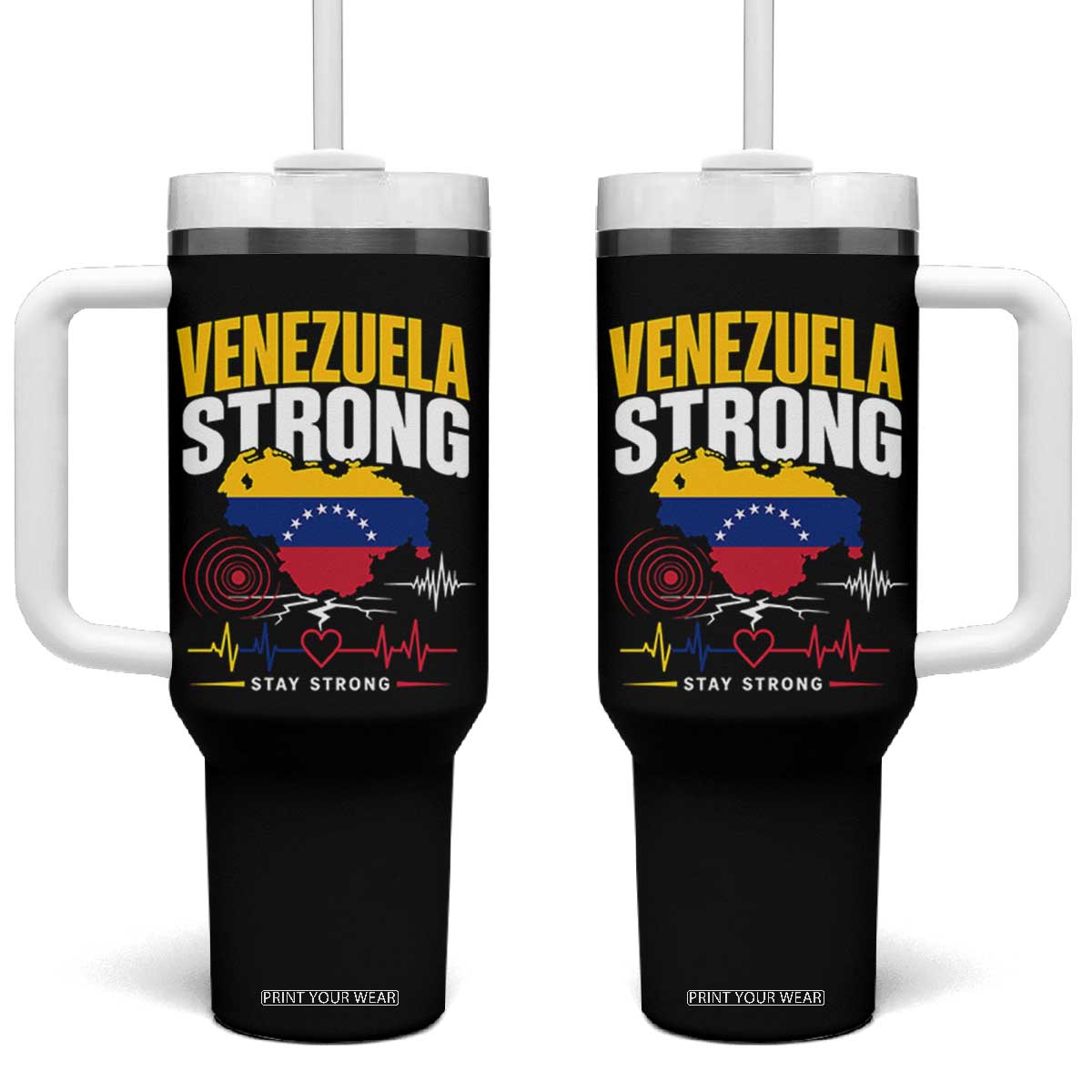 Venezuela Strong Support and Solidarity Tumbler With Handle Patriotic Venezuelan Flag Country Map TS02 One Size: 40 oz Black Print Your Wear