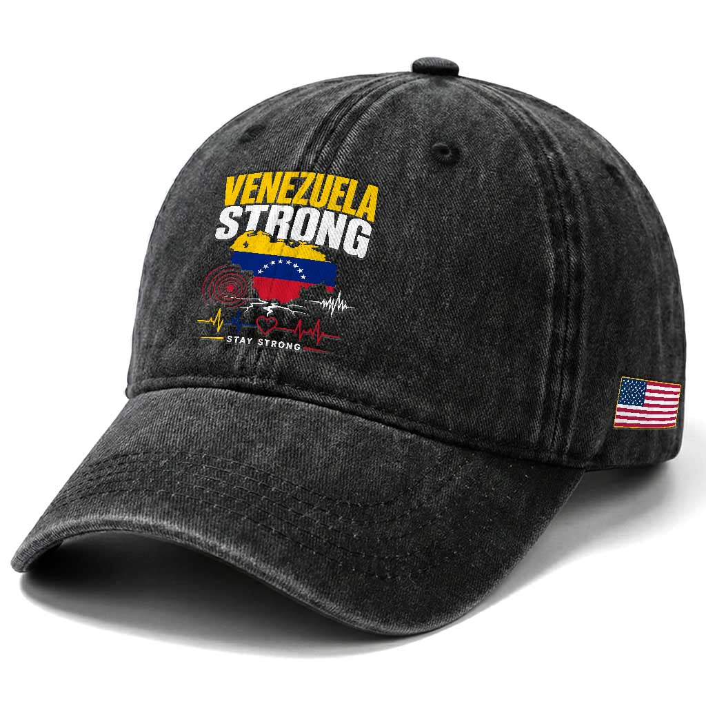 Venezuela Strong Support and Solidarity Washed Cotton Baseball Cap Patriotic Venezuelan Flag Country Map