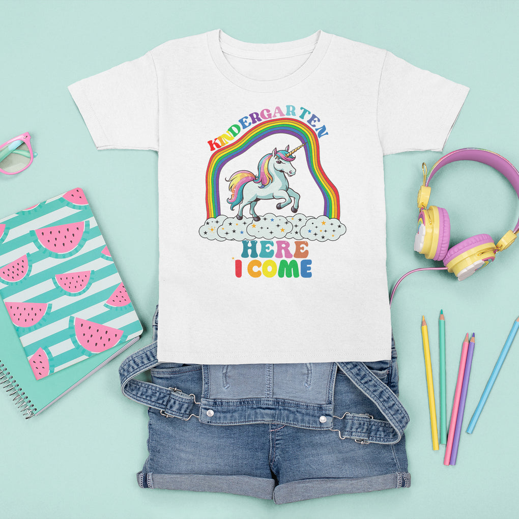 Cute Kindergarten Unicorn T Shirt For Kid Kinder Here I Come Rainbow TS02 White Printyourwear