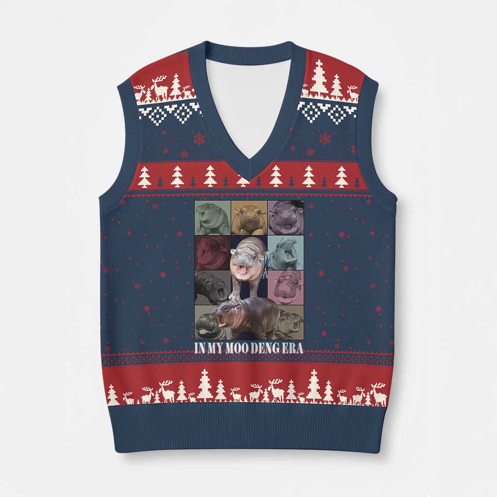 In My Moo Deng Era V-Neck Knit Sweater Vest Cute Pygmy Hippo TS02 Navy Red Print Your Wear