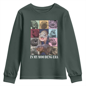 In My Moo Deng Era Youth Sweatshirt Cute Pygmy Hippo TS02 Dark Forest Green Print Your Wear