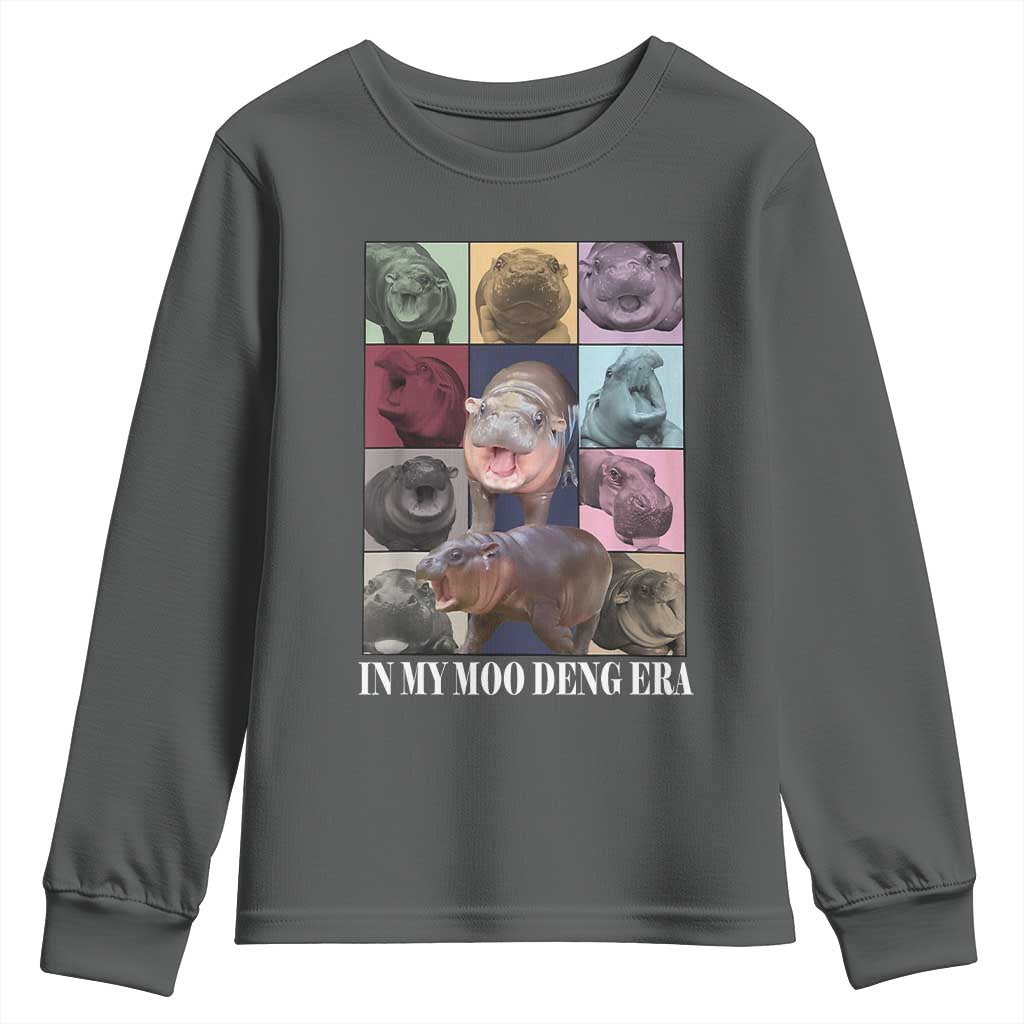 In My Moo Deng Era Youth Sweatshirt Cute Pygmy Hippo TS02 Dark Heather Print Your Wear