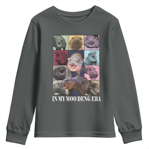 In My Moo Deng Era Youth Sweatshirt Cute Pygmy Hippo TS02 Dark Heather Print Your Wear