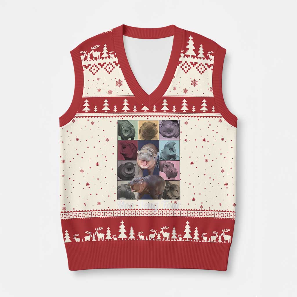Baby Hippo Moo Deng Tour V-Neck Knit Sweater Vest Bouncy Cute Pygmy Hippopotamus TS02 Beige Red Print Your Wear