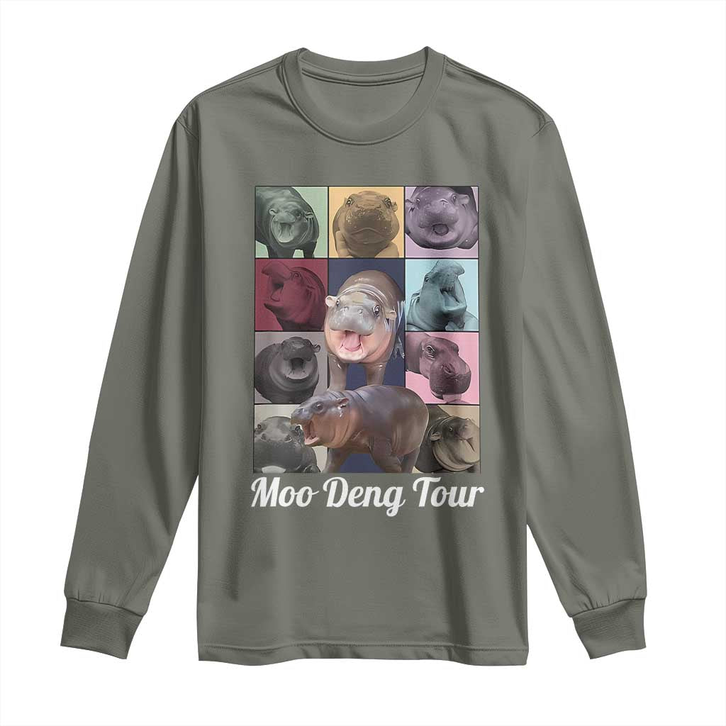 Baby Hippo Moo Deng Tour Long Sleeve Shirt Bouncy Cute Pygmy Hippopotamus TS02 Military Green Print Your Wear