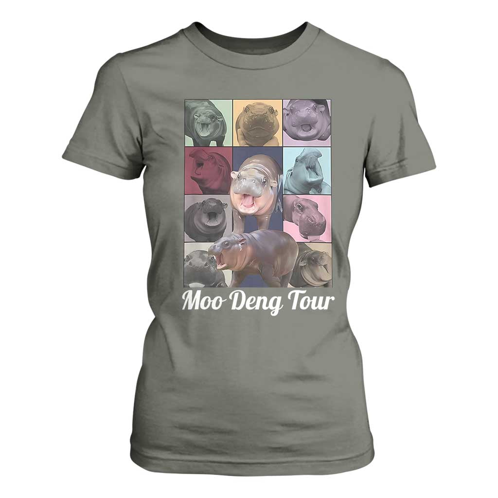 Baby Hippo Moo Deng Tour T Shirt For Women Bouncy Cute Pygmy Hippopotamus TS02 Military Green Print Your Wear