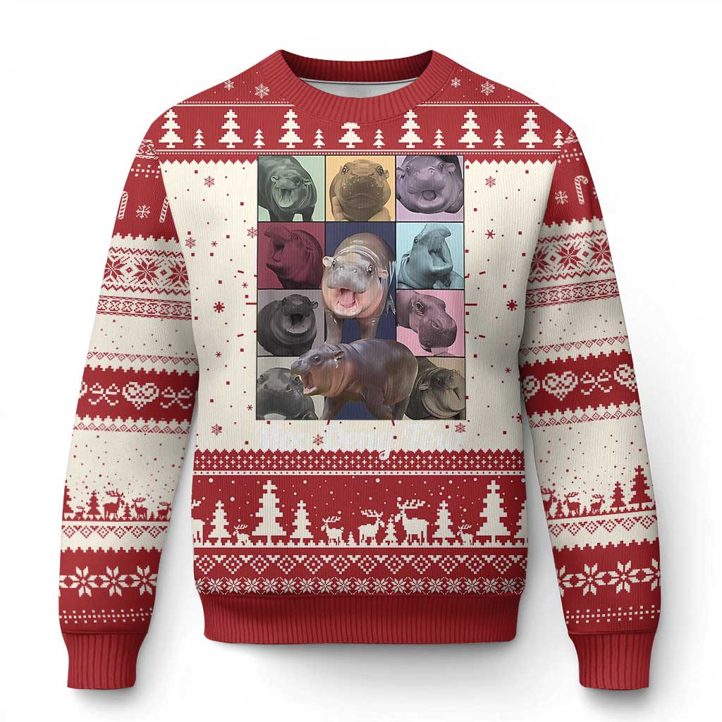 Baby Hippo Moo Deng Tour Ugly Christmas Sweater Bouncy Cute Pygmy Hippopotamus TS02 Red Print Your Wear