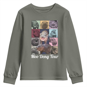 Baby Hippo Moo Deng Tour Youth Sweatshirt Bouncy Cute Pygmy Hippopotamus TS02 Military Green Print Your Wear
