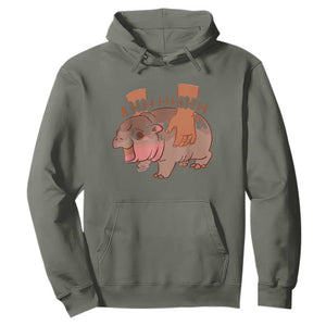 Baby Hippo Moo Deng Hoodie Bouncy Pig in Thai Picture The Cute Pygmy Hippopotamus TS02 Military Green Print Your Wear