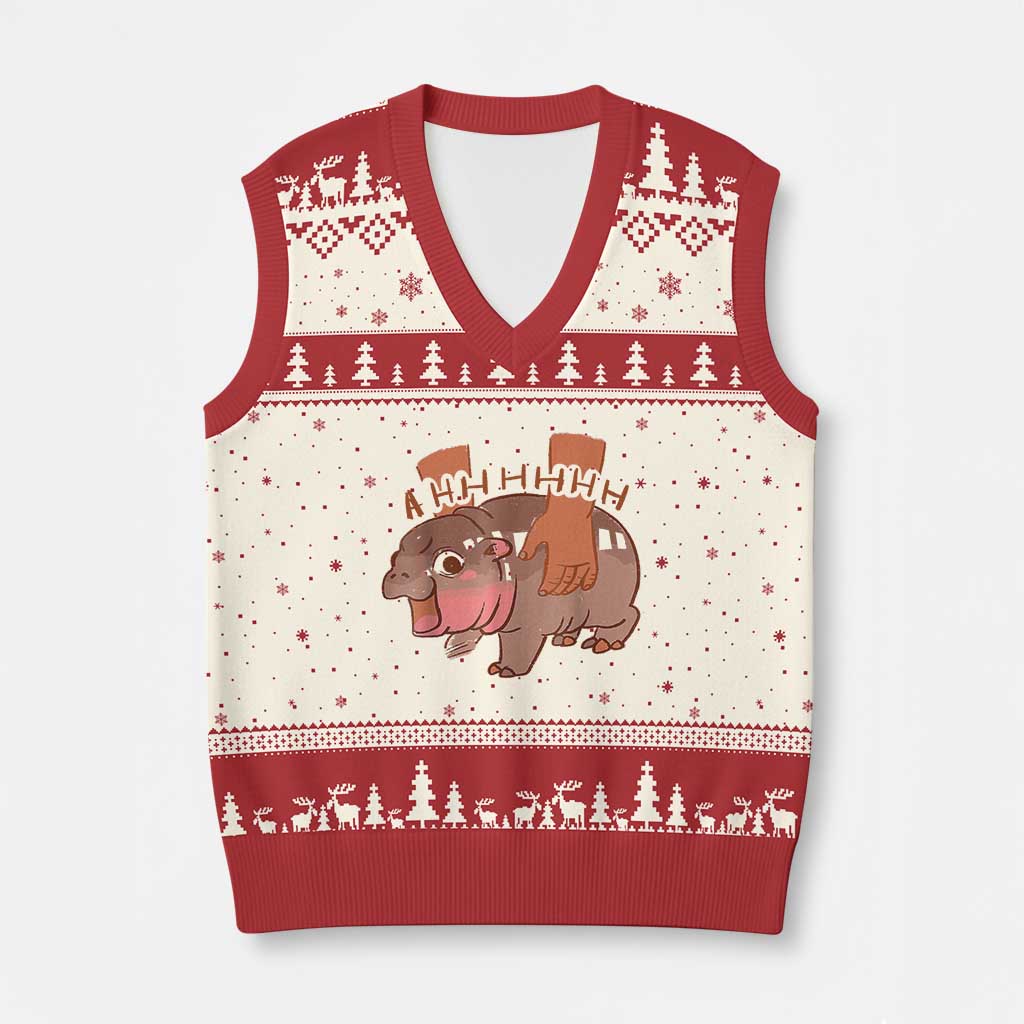 Baby Hippo Moo Deng V-Neck Knit Sweater Vest Bouncy Pig in Thai Picture The Cute Pygmy Hippopotamus TS02 Beige Red Print Your Wear