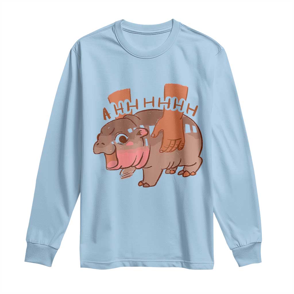 Baby Hippo Moo Deng Long Sleeve Shirt Bouncy Pig in Thai Picture The Cute Pygmy Hippopotamus TS02 Light Blue Print Your Wear
