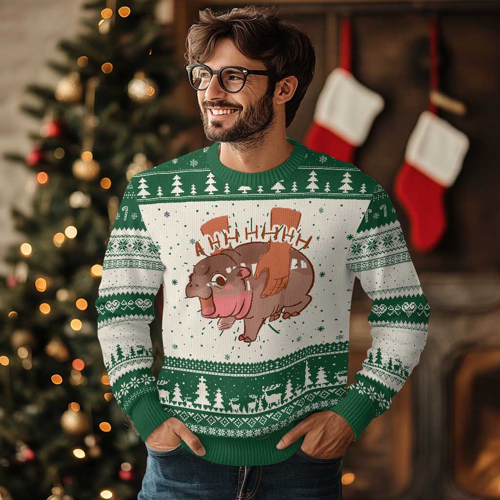 Baby Hippo Moo Deng Ugly Christmas Sweater Bouncy Pig in Thai Picture The Cute Pygmy Hippopotamus TS02 Green Print Your Wear