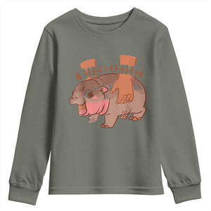 Baby Hippo Moo Deng Youth Sweatshirt Bouncy Pig in Thai Picture The Cute Pygmy Hippopotamus TS02 Military Green Print Your Wear