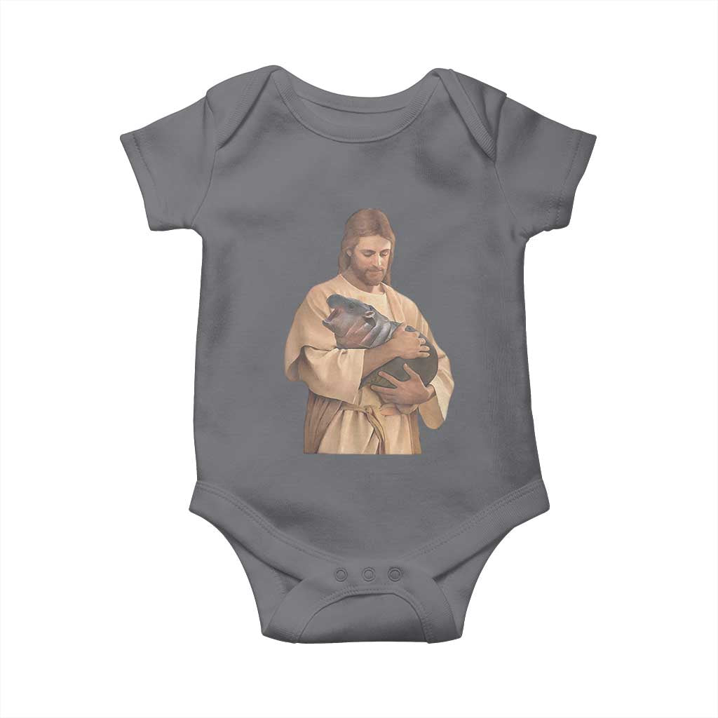 Jesus Loves Moo Deng Baby Onesie Bouncy Pig Cute Pygmy Hippo Meme TS02 Charcoal Print Your Wear