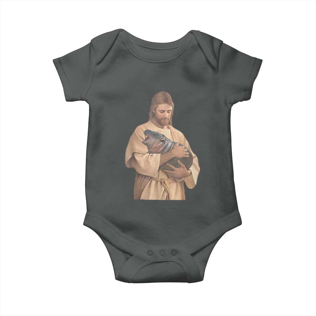 Jesus Loves Moo Deng Baby Onesie Bouncy Pig Cute Pygmy Hippo Meme TS02 Dark Heather Print Your Wear