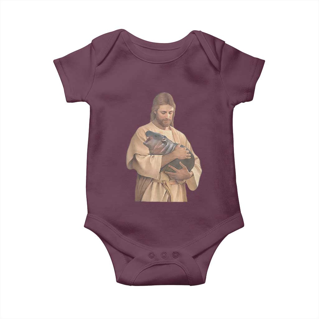 Jesus Loves Moo Deng Baby Onesie Bouncy Pig Cute Pygmy Hippo Meme TS02 Maroon Print Your Wear