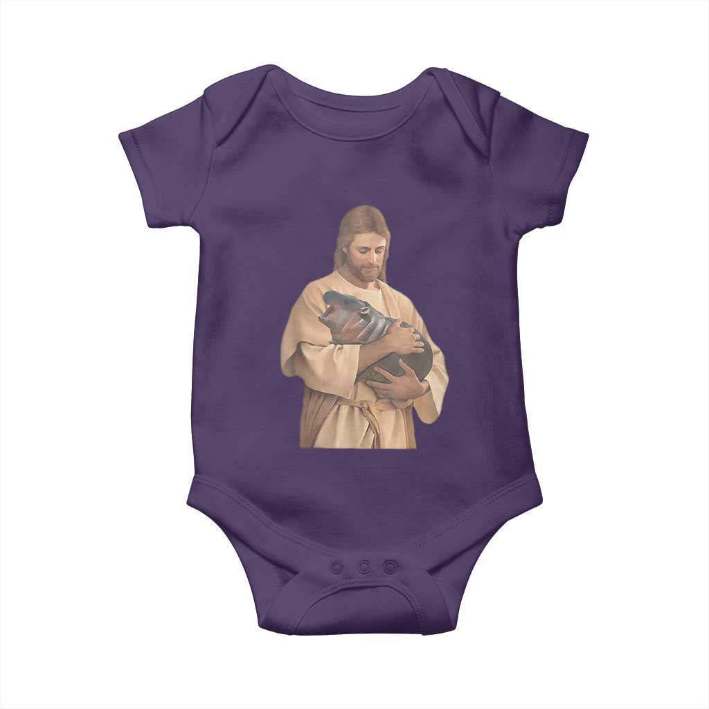 Jesus Loves Moo Deng Baby Onesie Bouncy Pig Cute Pygmy Hippo Meme TS02 Purple Print Your Wear