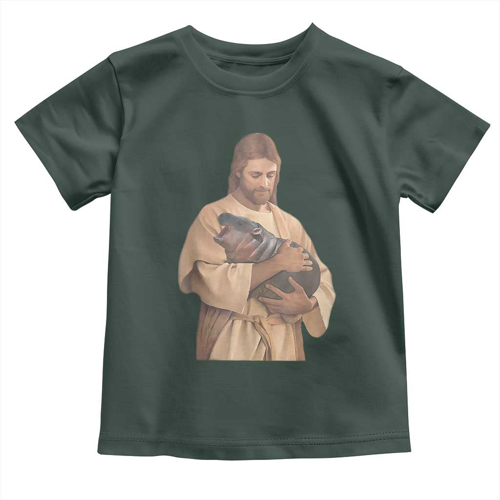 Jesus Loves Moo Deng Baby Shirt Bouncy Pig Cute Pygmy Hippo Meme TS02 Dark Forest Green Print Your Wear