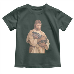 Jesus Loves Moo Deng Baby Shirt Bouncy Pig Cute Pygmy Hippo Meme TS02 Dark Forest Green Print Your Wear