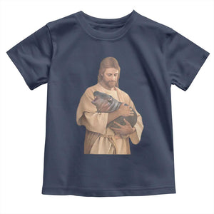 Jesus Loves Moo Deng Baby Shirt Bouncy Pig Cute Pygmy Hippo Meme TS02 Navy Print Your Wear