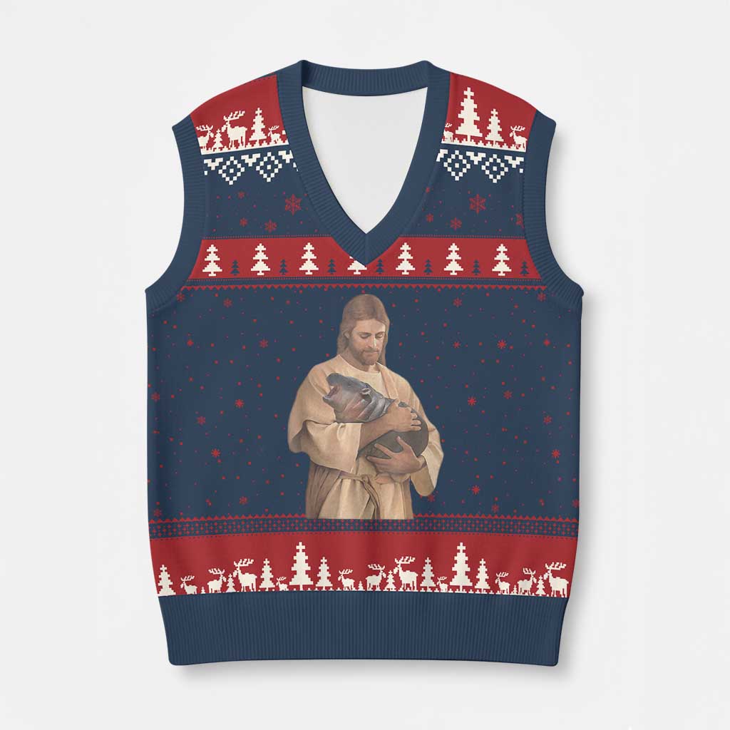 Jesus Loves Moo Deng V-Neck Knit Sweater Vest Bouncy Pig Cute Pygmy Hippo Meme TS02 Navy Red Print Your Wear
