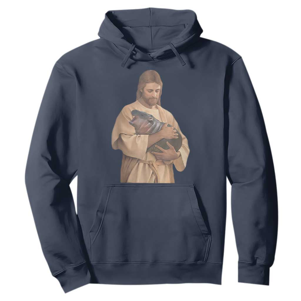 Jesus Loves Moo Deng Hoodie Bouncy Pig Cute Pygmy Hippo Meme TS02 Navy Print Your Wear