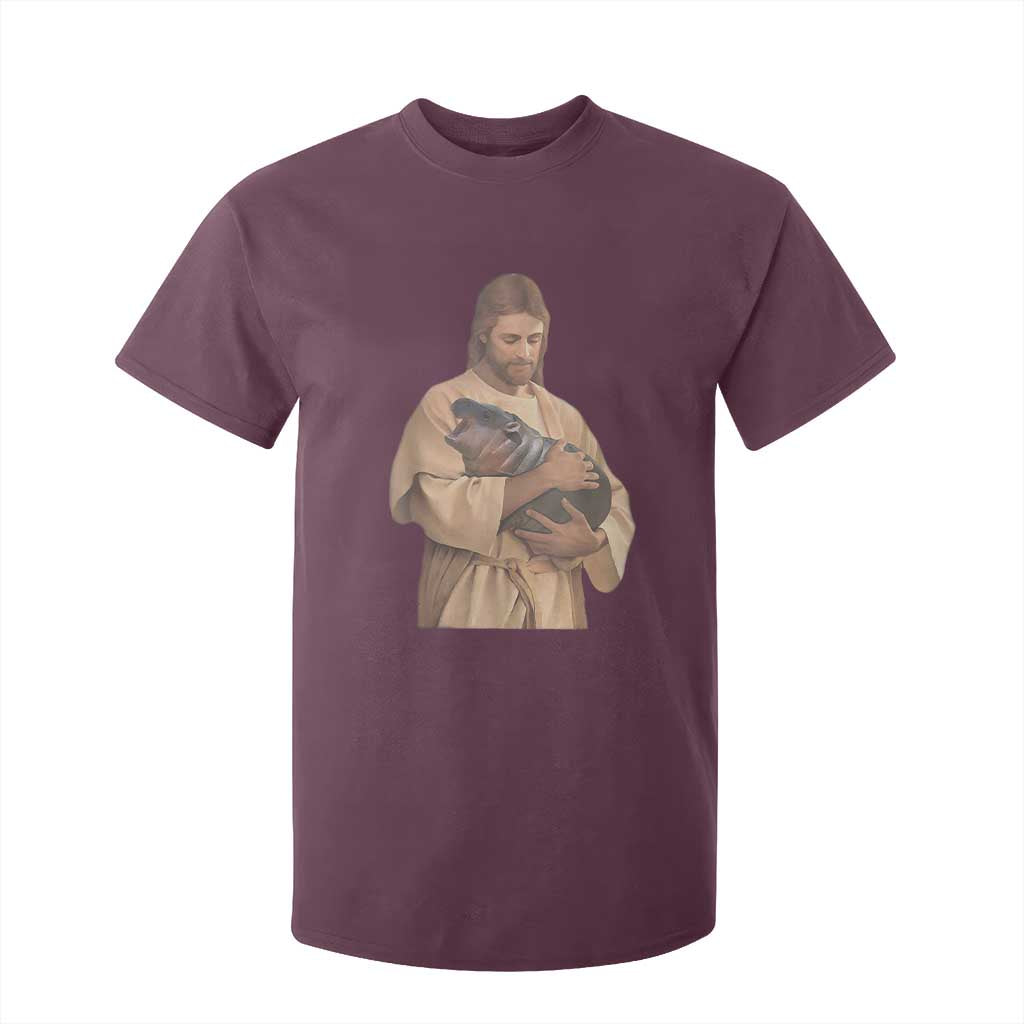 Jesus Loves Moo Deng T Shirt For Kid Bouncy Pig Cute Pygmy Hippo Meme TS02 Maroon Print Your Wear
