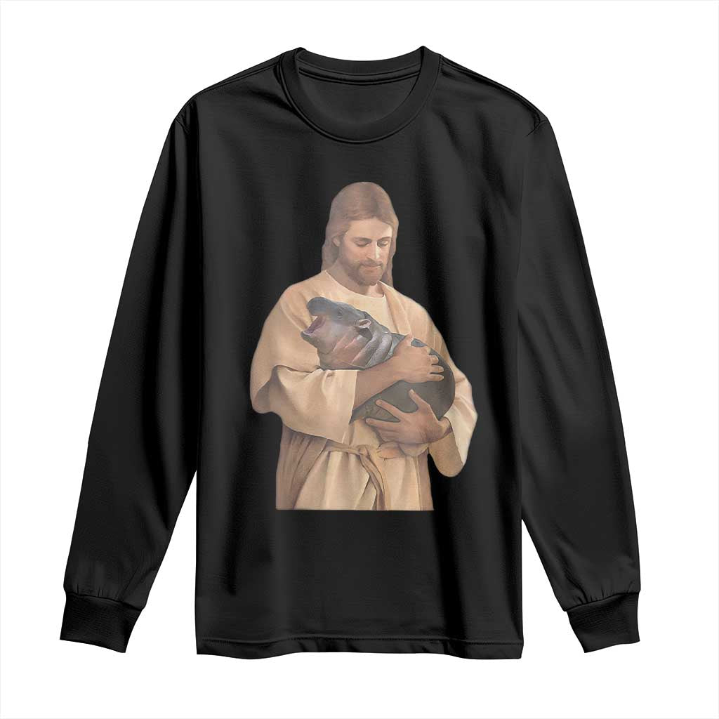 Jesus Loves Moo Deng Long Sleeve Shirt Bouncy Pig Cute Pygmy Hippo Meme TS02 Black Print Your Wear