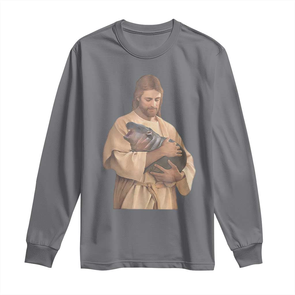 Jesus Loves Moo Deng Long Sleeve Shirt Bouncy Pig Cute Pygmy Hippo Meme TS02 Charcoal Print Your Wear