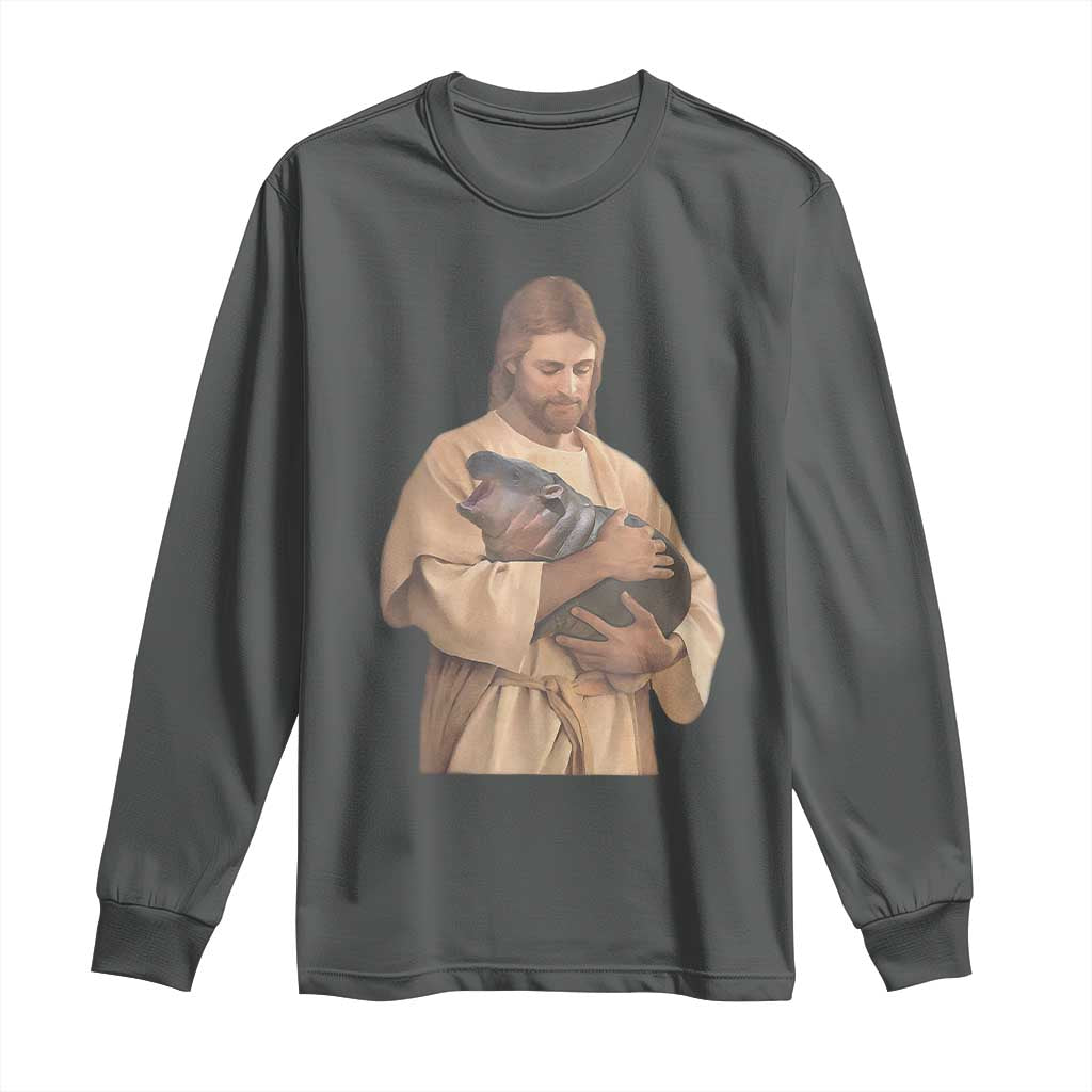 Jesus Loves Moo Deng Long Sleeve Shirt Bouncy Pig Cute Pygmy Hippo Meme TS02 Dark Heather Print Your Wear