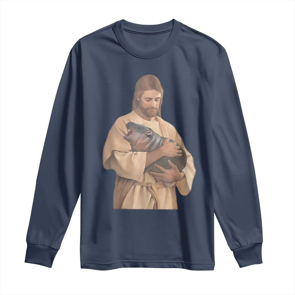 Jesus Loves Moo Deng Long Sleeve Shirt Bouncy Pig Cute Pygmy Hippo Meme TS02 Navy Print Your Wear