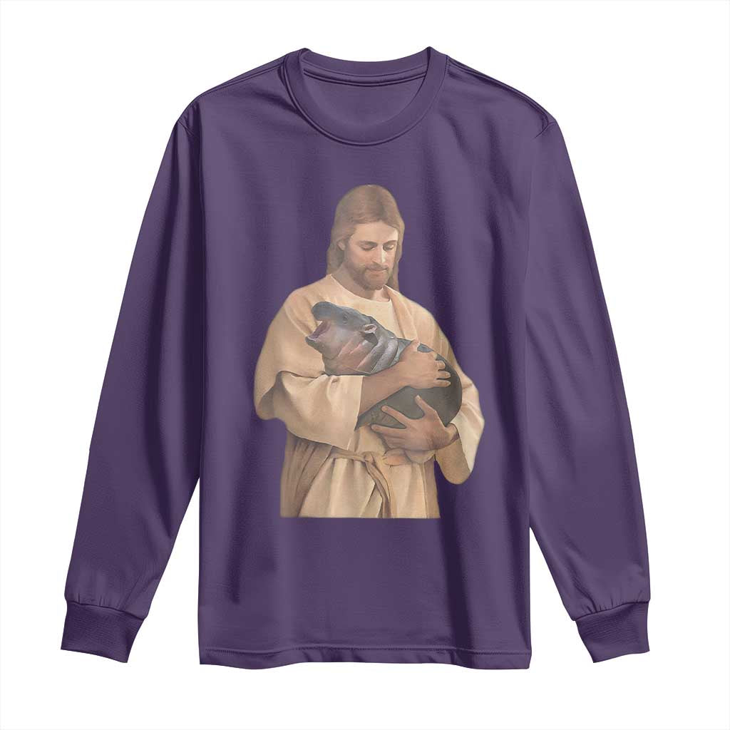 Jesus Loves Moo Deng Long Sleeve Shirt Bouncy Pig Cute Pygmy Hippo Meme TS02 Purple Print Your Wear