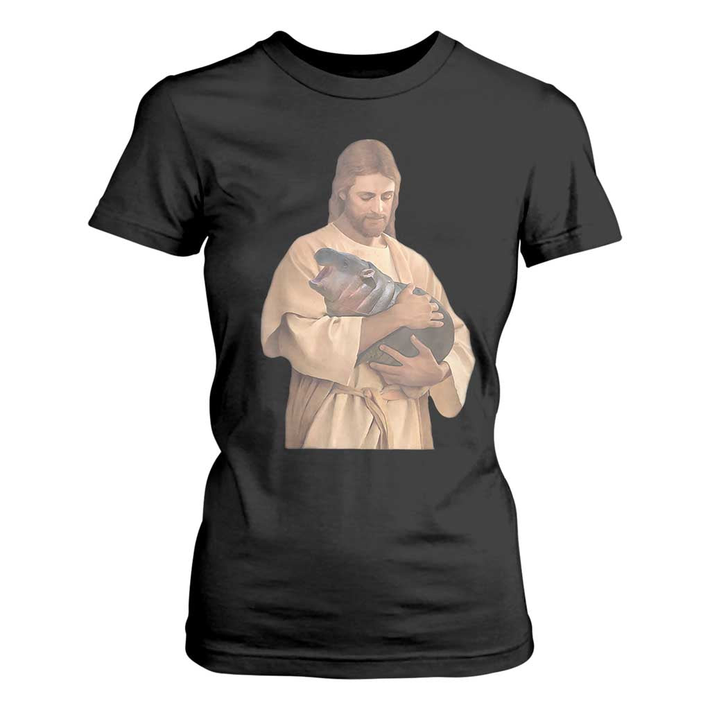 Jesus Loves Moo Deng T Shirt For Women Bouncy Pig Cute Pygmy Hippo Meme TS02 Black Print Your Wear