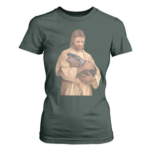 Jesus Loves Moo Deng T Shirt For Women Bouncy Pig Cute Pygmy Hippo Meme TS02 Dark Forest Green Print Your Wear