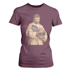 Jesus Loves Moo Deng T Shirt For Women Bouncy Pig Cute Pygmy Hippo Meme TS02 Maroon Print Your Wear