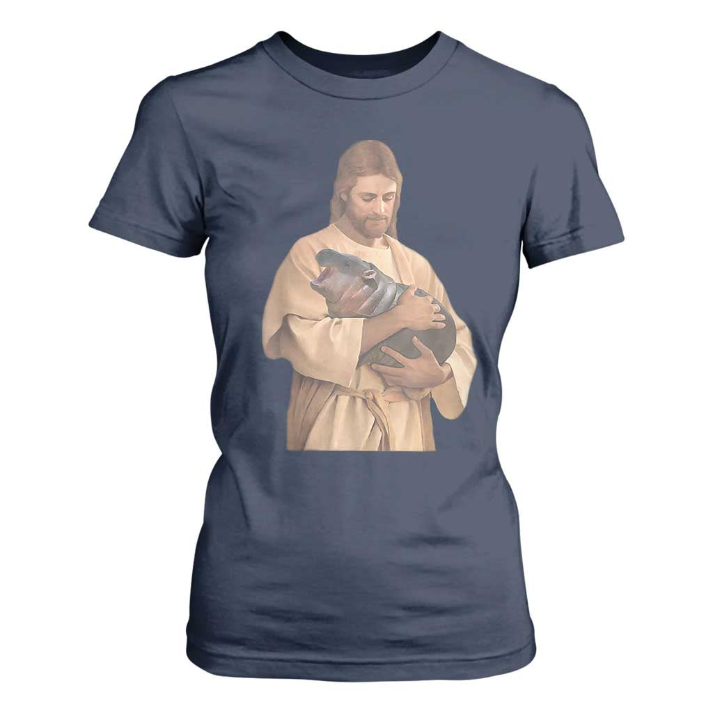 Jesus Loves Moo Deng T Shirt For Women Bouncy Pig Cute Pygmy Hippo Meme TS02 Navy Print Your Wear