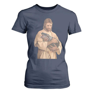 Jesus Loves Moo Deng T Shirt For Women Bouncy Pig Cute Pygmy Hippo Meme TS02 Navy Print Your Wear