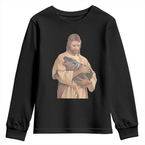 Jesus Loves Moo Deng Youth Sweatshirt Bouncy Pig Cute Pygmy Hippo Meme TS02 Black Print Your Wear