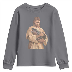 Jesus Loves Moo Deng Youth Sweatshirt Bouncy Pig Cute Pygmy Hippo Meme TS02 Charcoal Print Your Wear