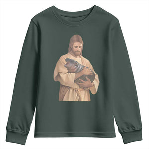 Jesus Loves Moo Deng Youth Sweatshirt Bouncy Pig Cute Pygmy Hippo Meme TS02 Dark Forest Green Print Your Wear